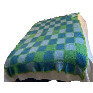 Handmade Crochet Afghan Throw Blanket Green Blue Granny Squares Retro Boho 60x96